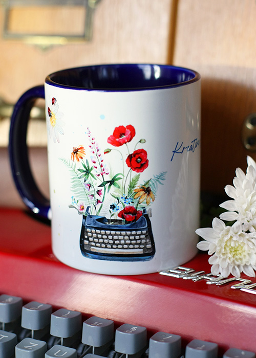 Kaffeetasse Schreibmaschine Mohnblumen